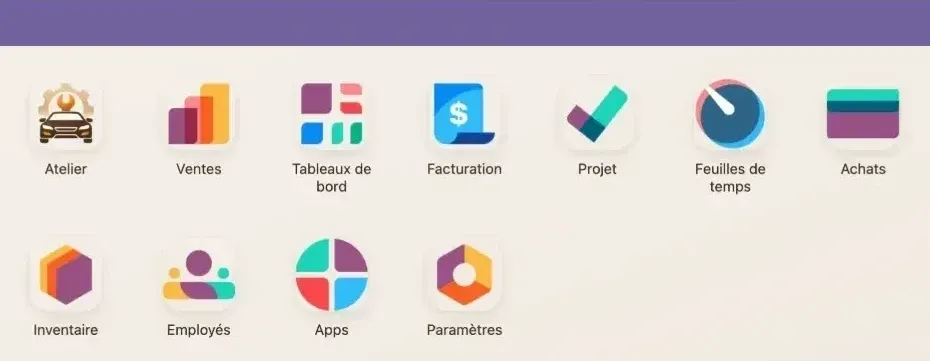 Les applications d’Odoo réunies dans un seul outil : ventes, facturation, inventaire, achats, projets, employés et tableaux de bord